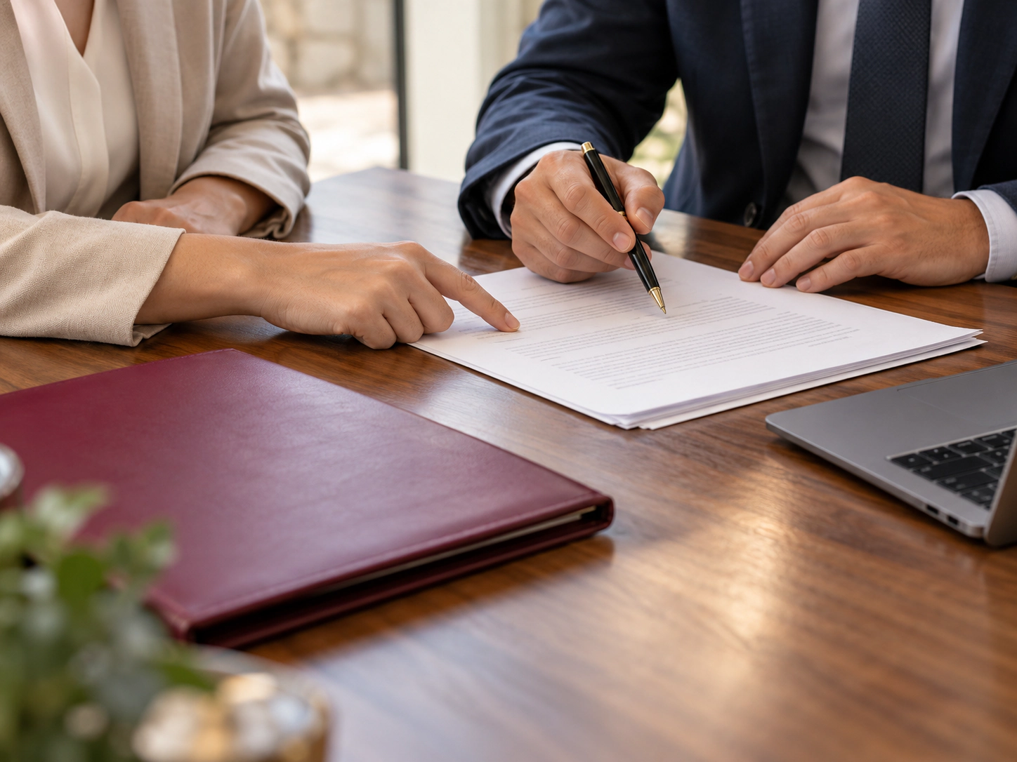 Due professionisti al tavolo: uno firma un documento, l’altra indica un punto del testo