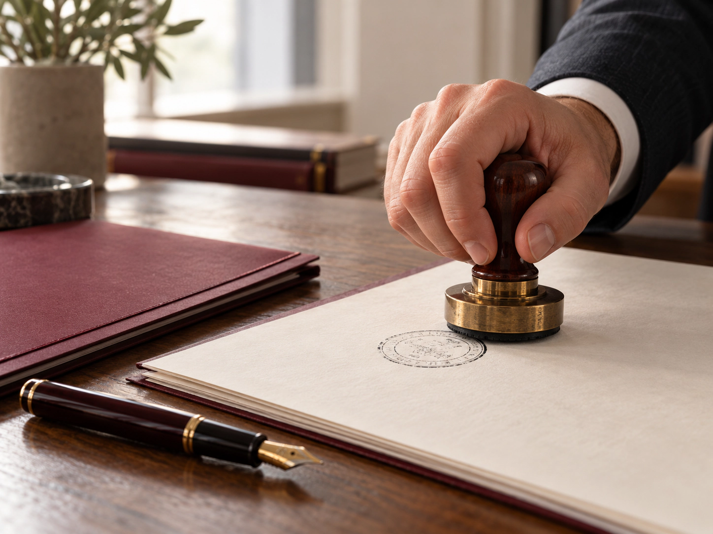 Una mano appone un timbro su un documento, accanto a una cartella e a una penna stilografica