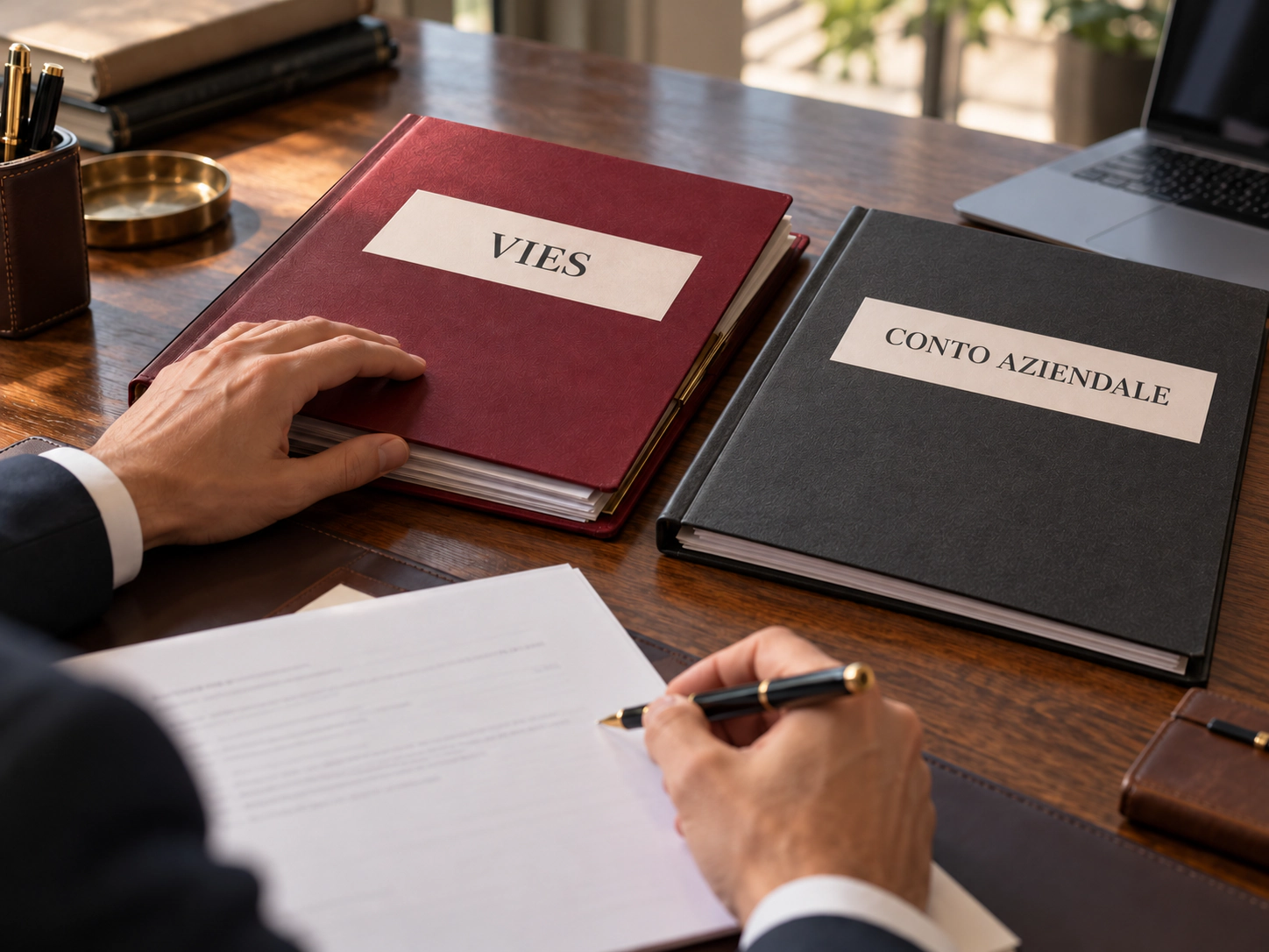 Una persona firma documenti accanto a due raccoglitori con le etichette «VIES» e «Conto aziendale»