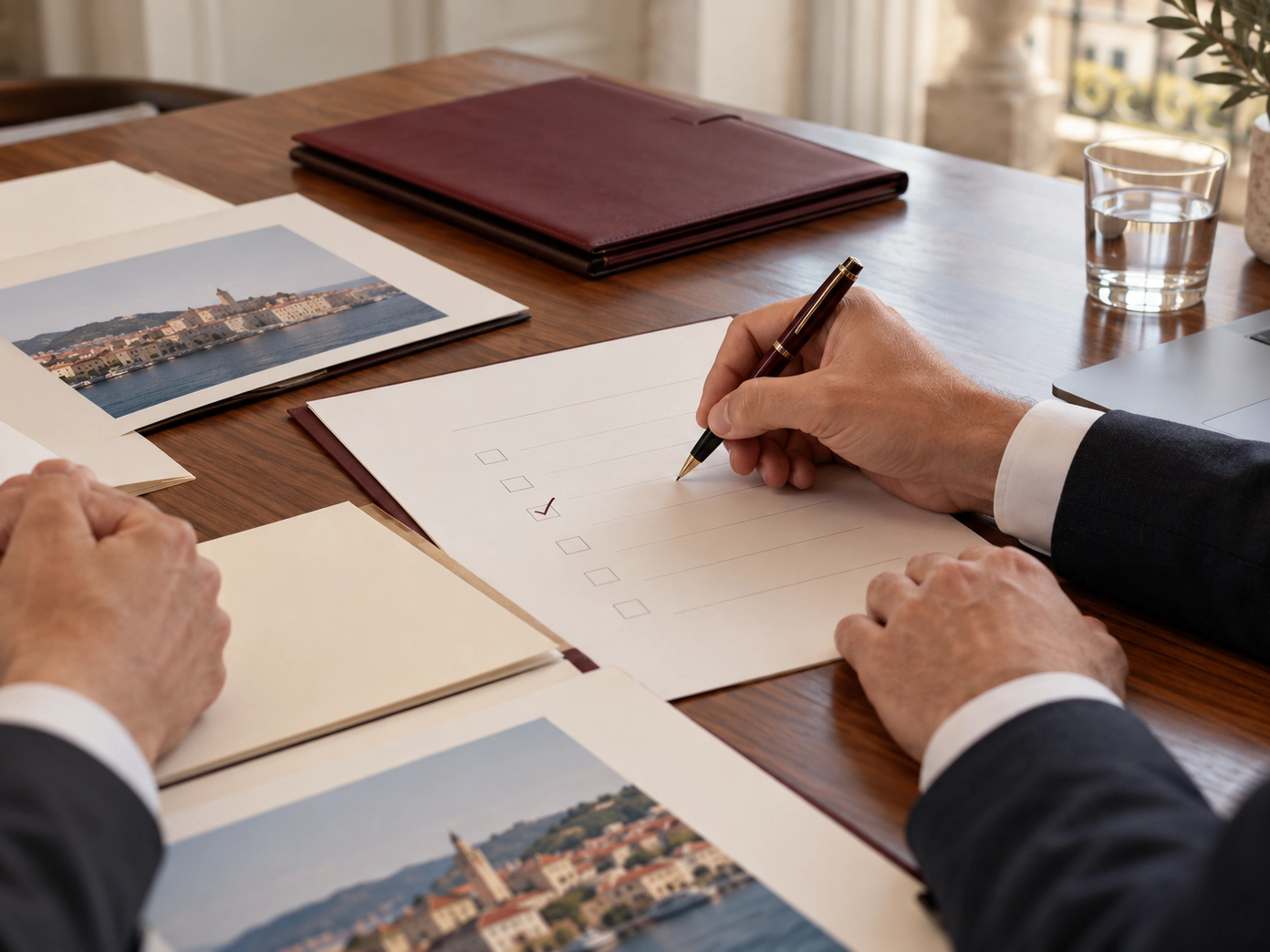 Due professionisti firmano documenti al tavolo, accanto a fotografie di una città costiera croata