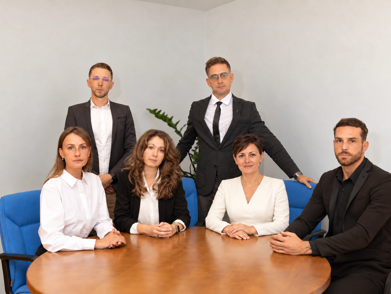 Il team di sei consulenti attorno al tavolo della sala riunioni, quattro seduti e due in piedi