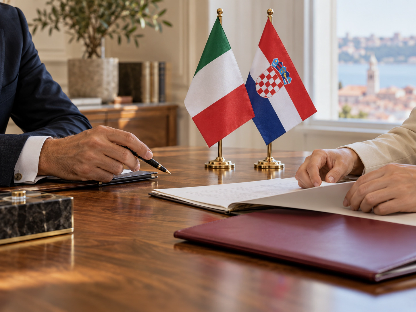 Due professionisti firmano documenti a un tavolo con le bandierine italiana e croata