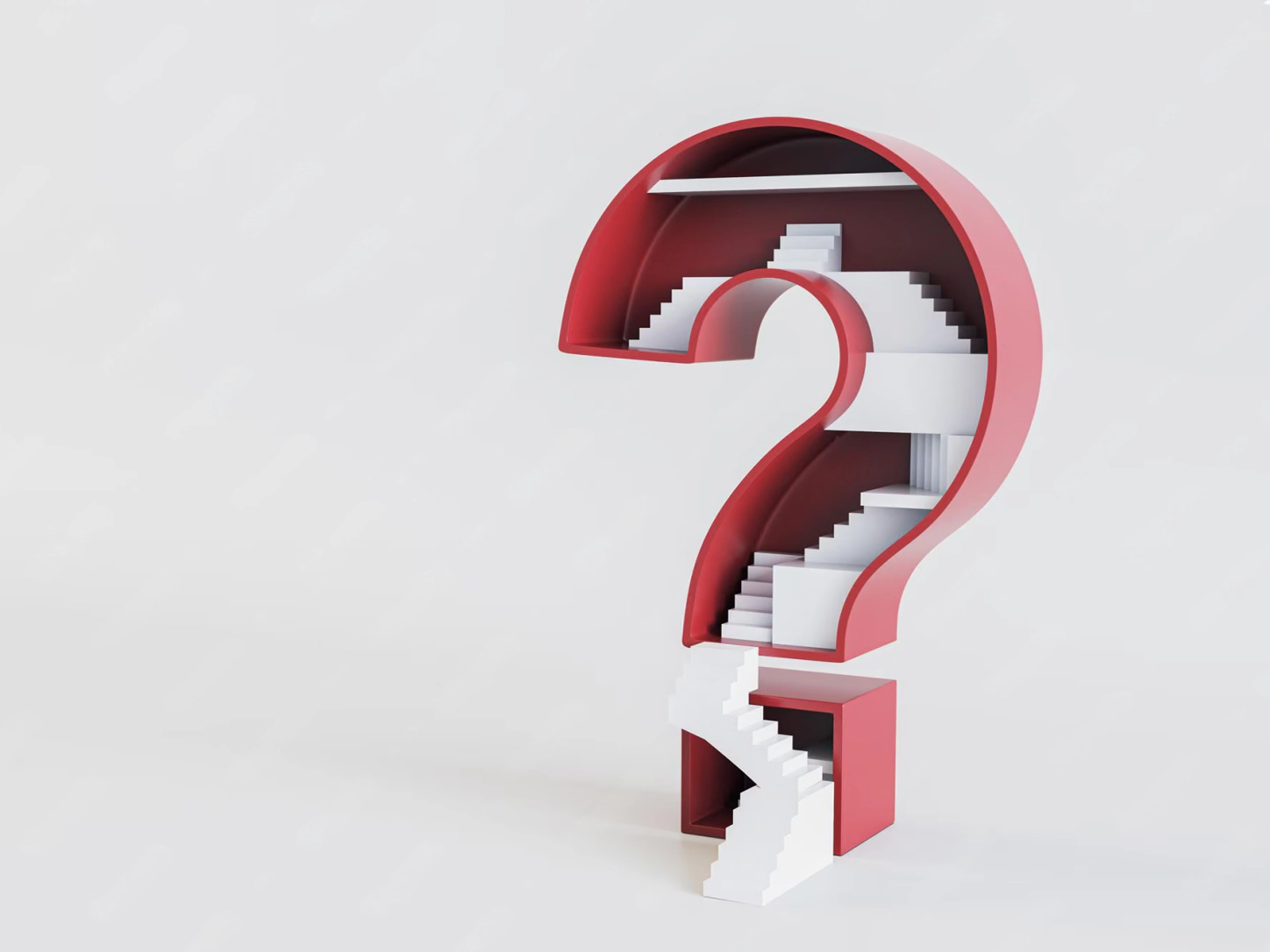 Un grande punto interrogativo rosso con scale bianche all’interno, come un labirinto