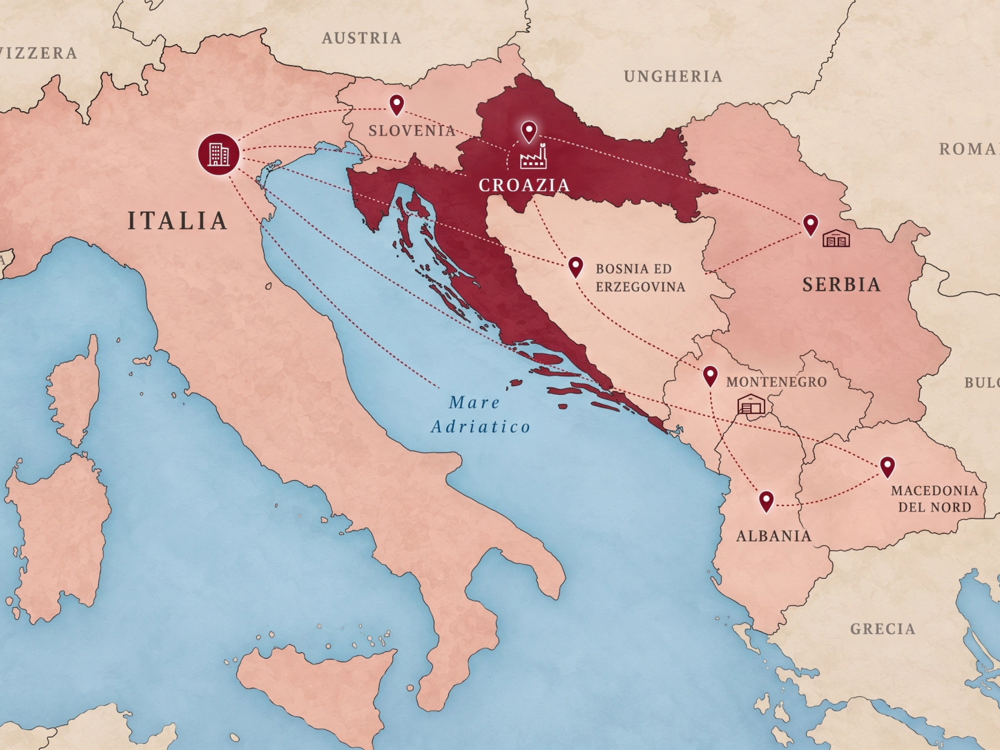 Una mappa con l’Italia, la Croazia e i paesi vicini collegati da linee
